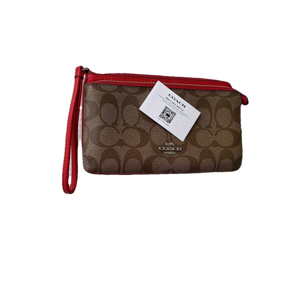 Coach Tan and Red Wristlet with Classic C Logo Wristlet Double Zipper - Picture 3 of 6